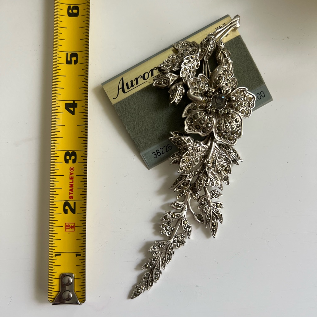 Aurora Vintage Floral Brooch Large Silver Tone With Marcasite Accent